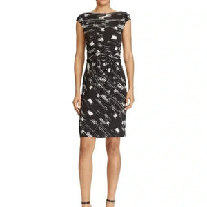 Lauren Ralph Lauren Scuba Knit Faux Wrap Dress 10 Black White Ruched Poly Money